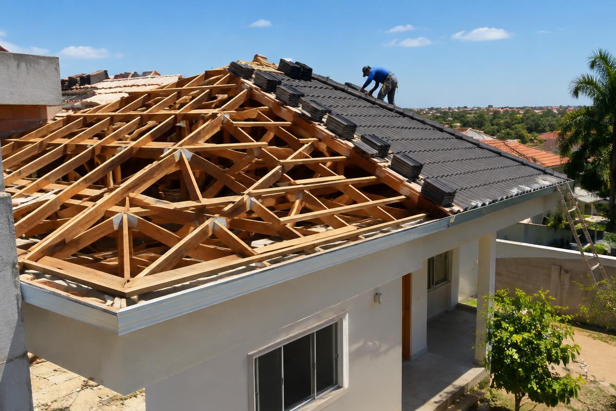 Reforma de telhado residencial com estrutura de madeira e instalação de novas telhas